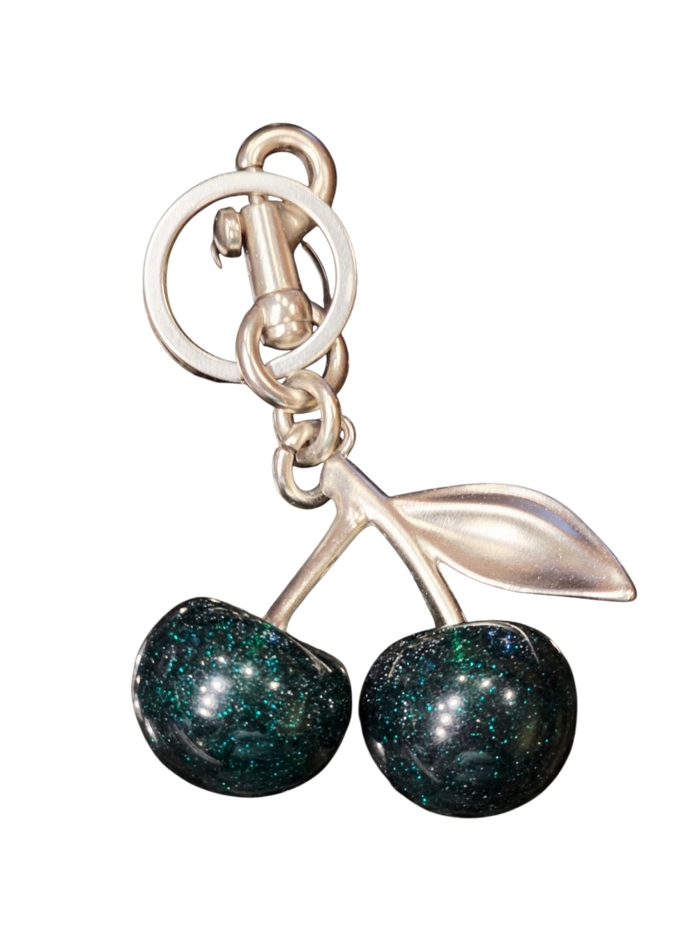 Hunter Green Glitter Cherry Purse Charm Keyring with Matte Silver Hardware